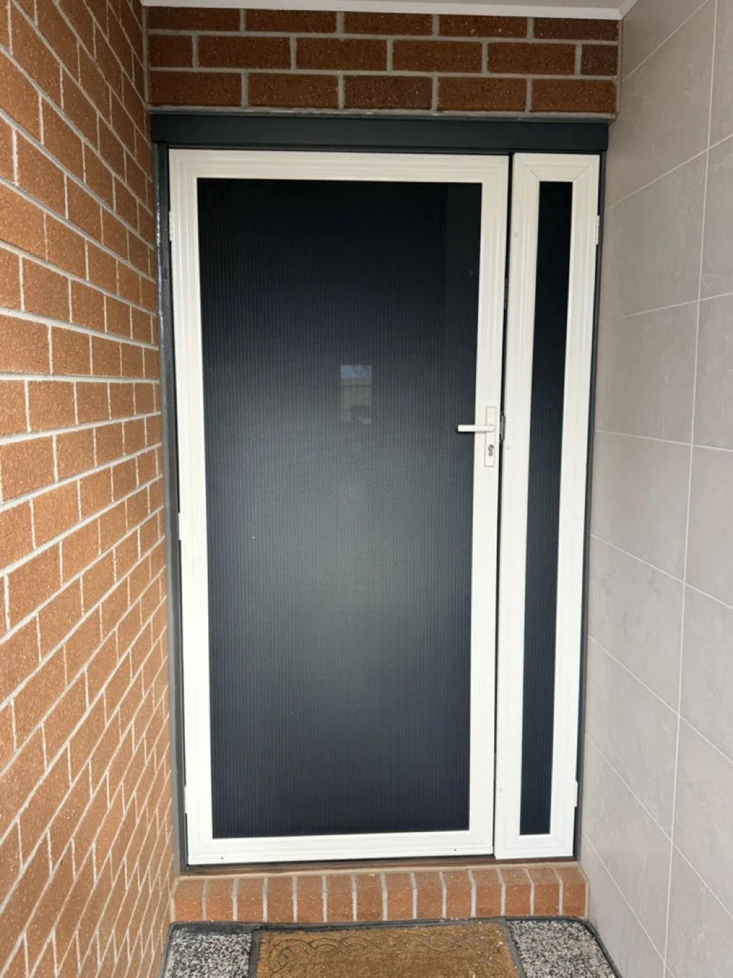 Charcoal security door with mesh sidelight in a cream frame on red brick