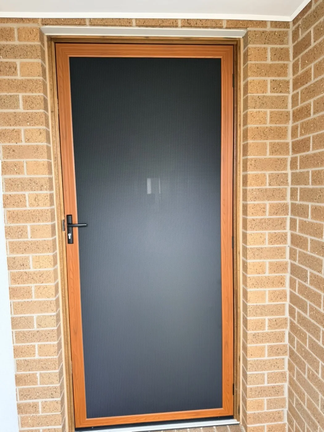 Timber-look security door with black stainless mesh on tan brick
