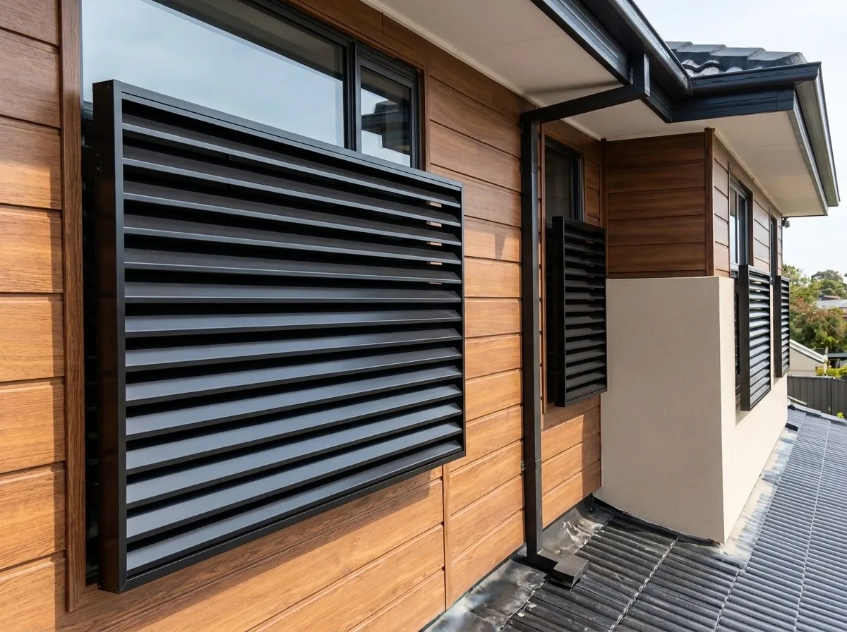 Black aluminium louvre security screens on a timber-clad modern home