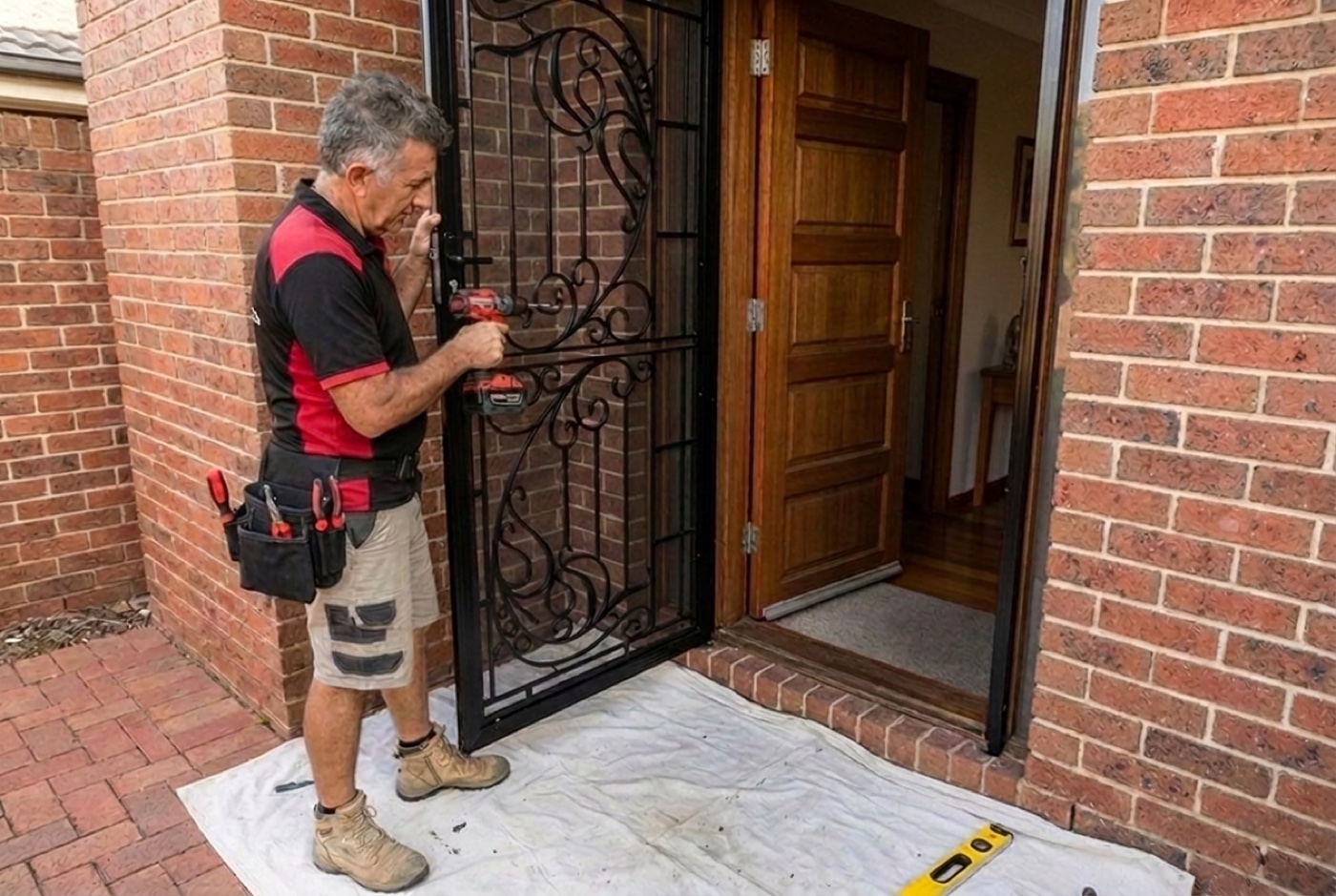 Taner installing a black security screen door on a Melbourne brick home